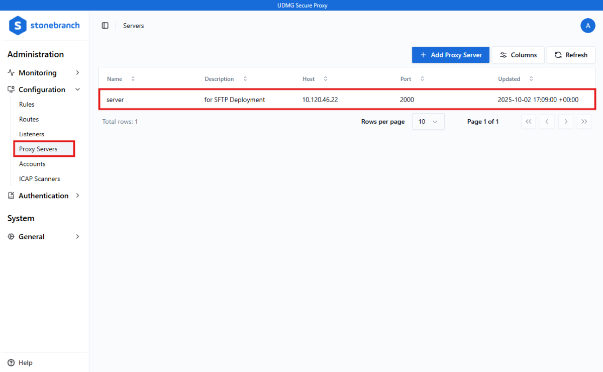 Screenshot of the Proxy Servers page