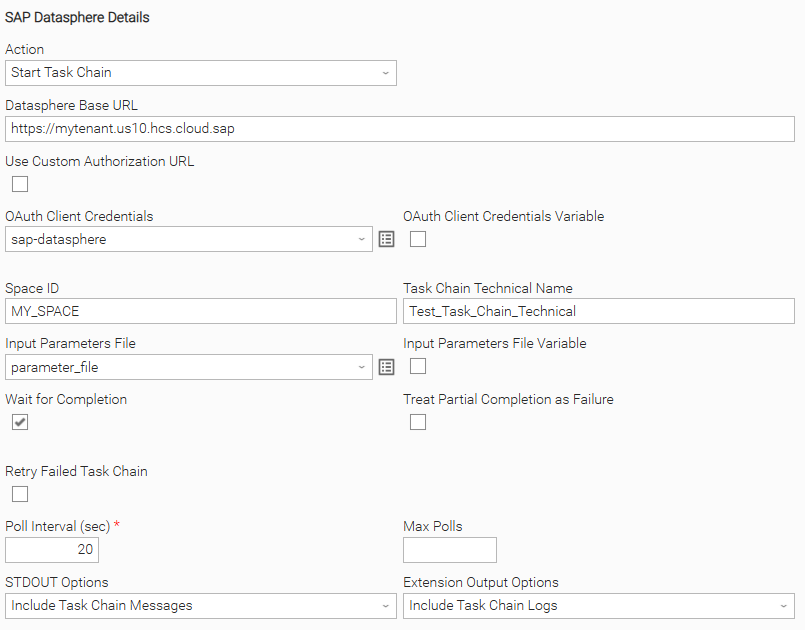 Configuration screenshot - wait for completion with input parameters