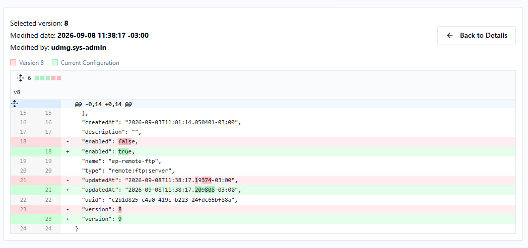 Version History diff view showing selected version metadata and configuration diff