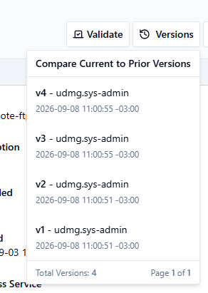 Versions dropdown open on a Pipeline detail page
